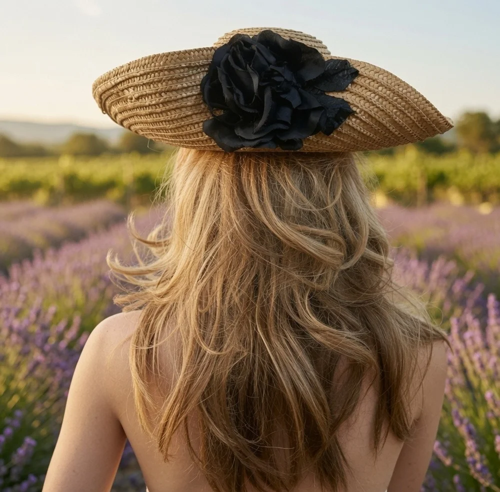 Vintage Wide Brim Natural Straw Sun Hat Black Satin Rose Flower Accent VG